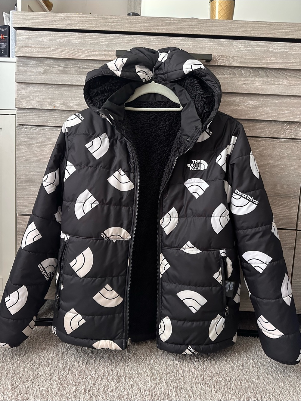 The North Face Kids Black Puffer Jacket with White Logo Print
